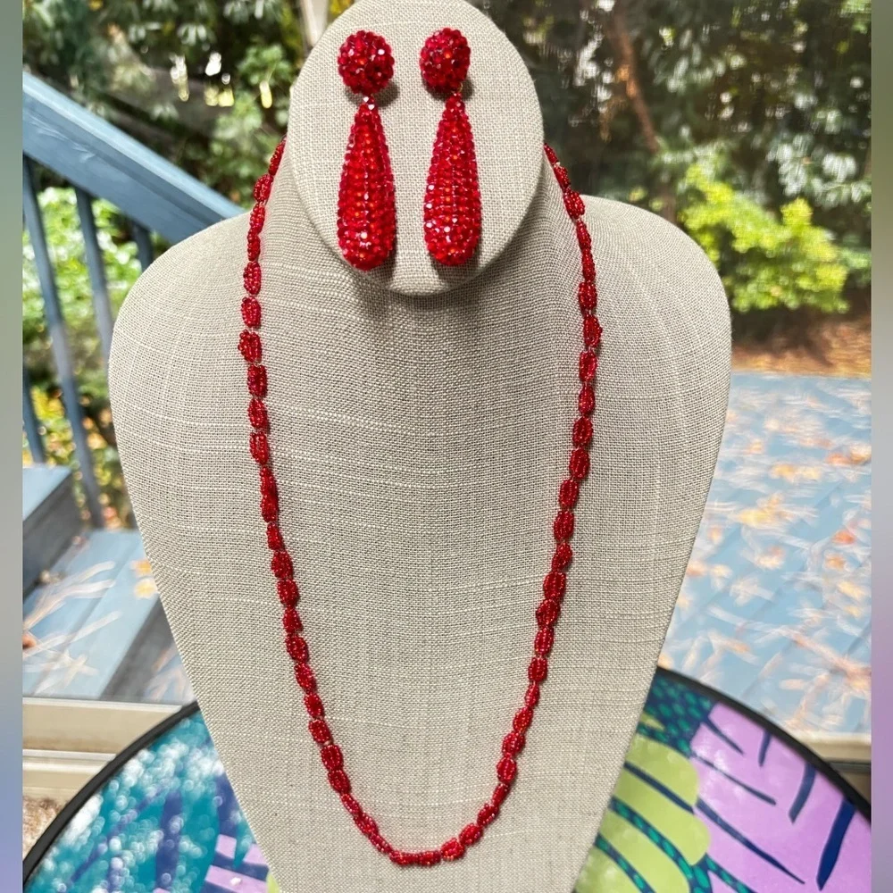 Red Crystal Pageant Drop Earrings with Matching Bead Necklace